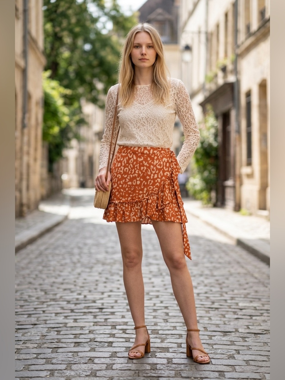 ANDREE BY UNIT Rust-Orange Animal Print Mini Wrap Skirt